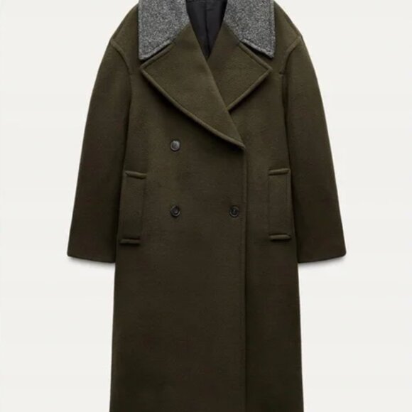 NWT Zara Monteco Wool Double-Breasted Long Coat with Gray Collar/ Olive Green M - Picture 7 of 16